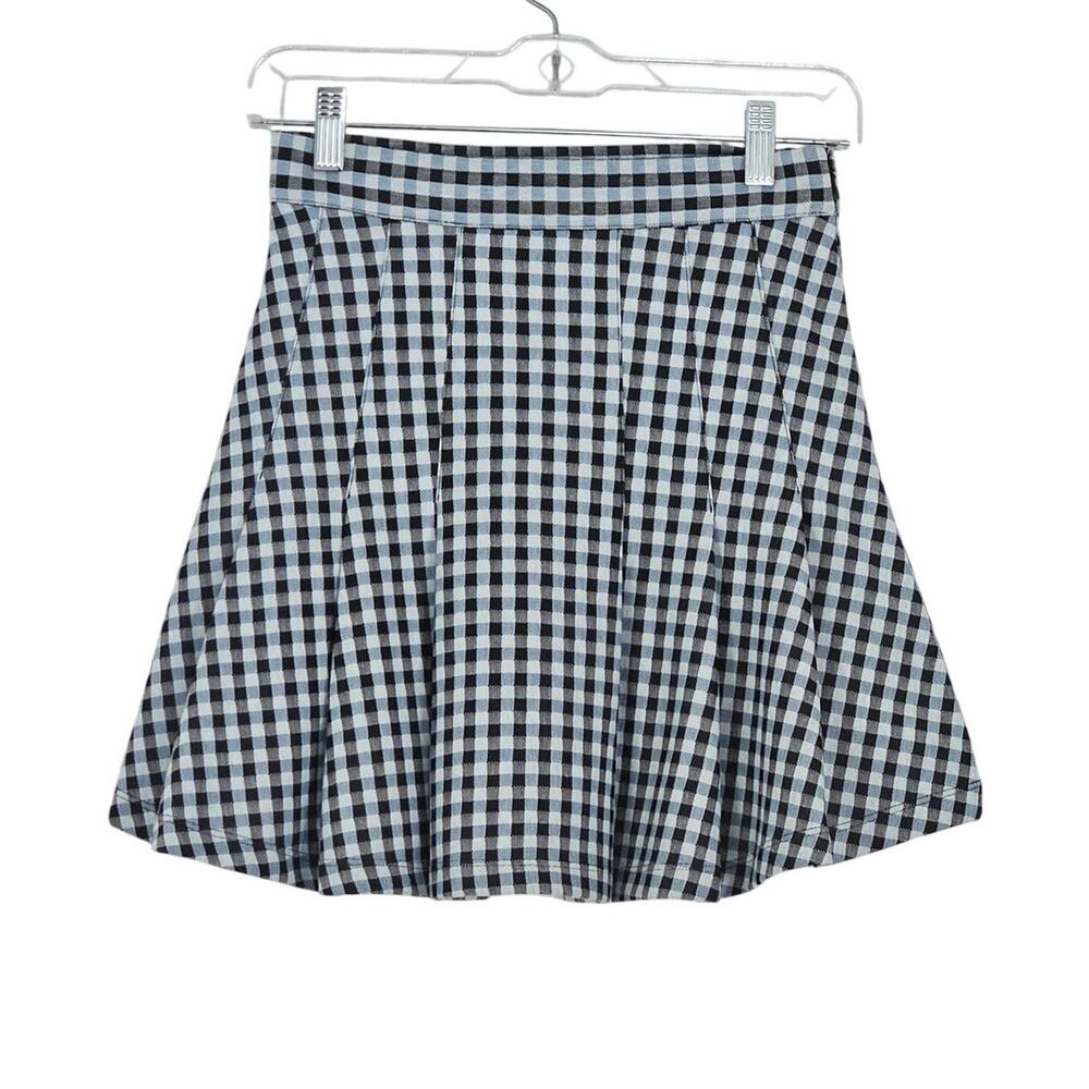 Free People Honey Gingham Pleated Skater Mini Skirt Black Multi Sz 0 EUC
